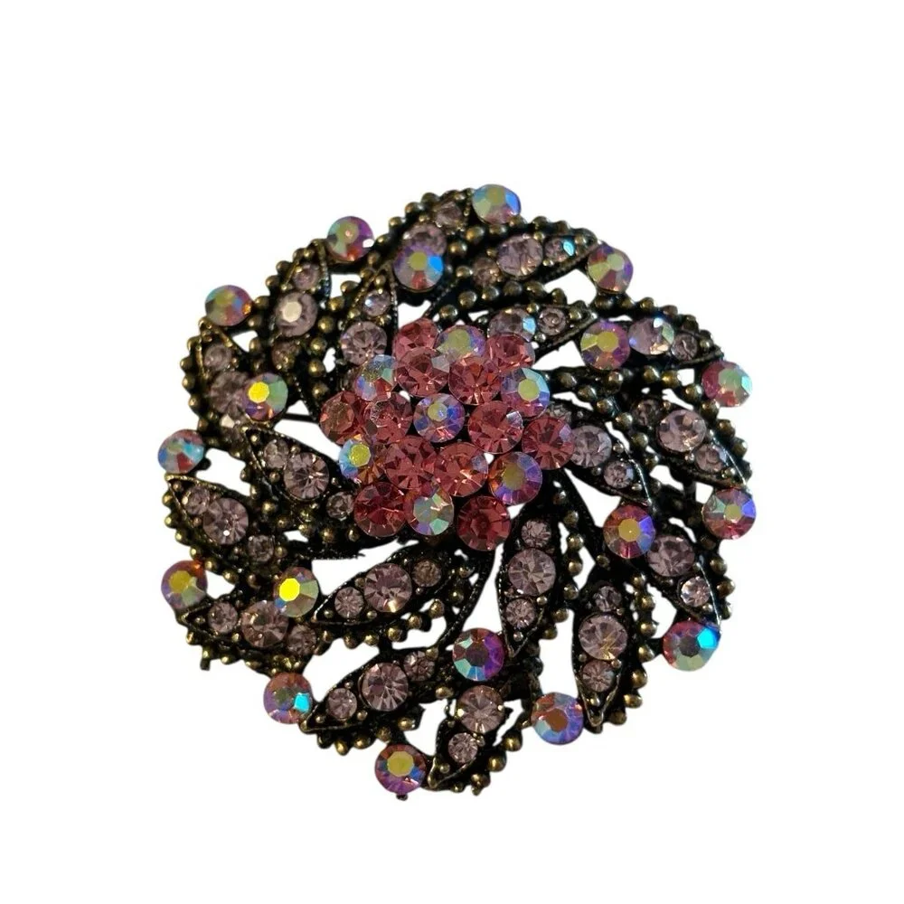VTG Layered Flower Brooch Pin Pendant‎ Cluster Pink AB Rhinestones Spiral Domed